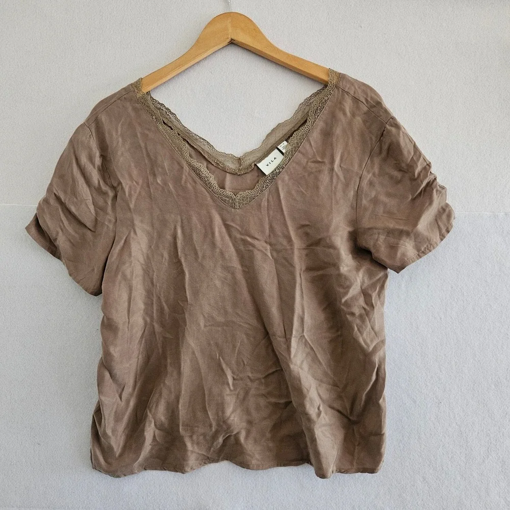 Vila Vileslie Lace Trim V-Neck Top Taupe Brown Cupro Lyocell Blouse EU 38